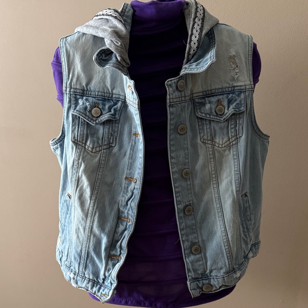 Ardene Light Blue Denim Vest with Gray Hood